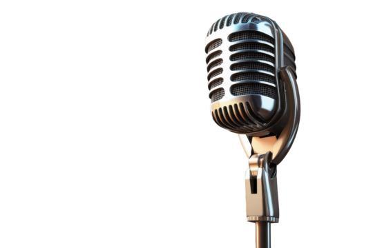 Retro microphone with shiny metallic finish stands on a clear surface against a transparent background, perfect for music, events, or broadcasting in any setting