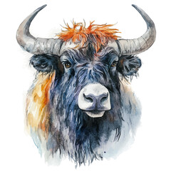 watercolor vector of Yak Close Up, isolated on a white background.