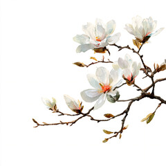 A solitary watercolor radiant Chinese magnolia with white flowers