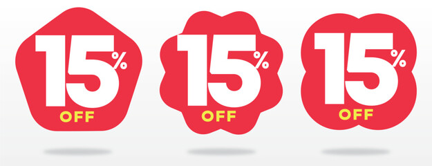 15% off, marketing, promo, price, advertising, offer, ticker, special, shop, label, tag, store, red, store, retail. Set, vector, icon