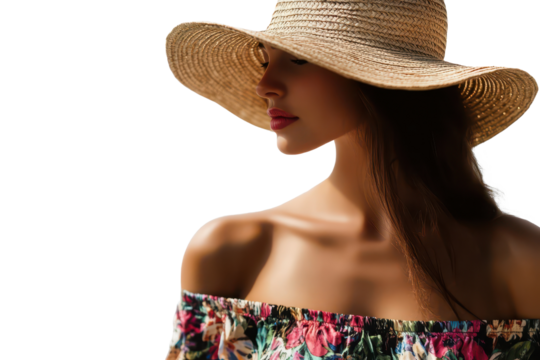 Woman in floral print romper and wide-brimmed hat enjoying a sunny day outdoors at a beachside location