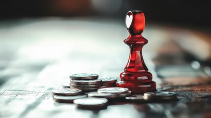 Red Game Piece on Coins Symbolizing Strategic Financial Decisions
