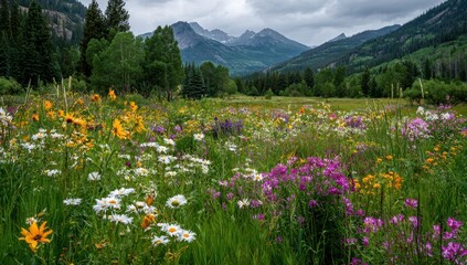 Wildflower meadow, mountain backdrop, summer