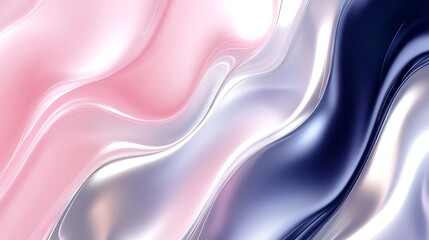 Abstract wavy background with smooth metallic texture in pink, silver, and navy blue
