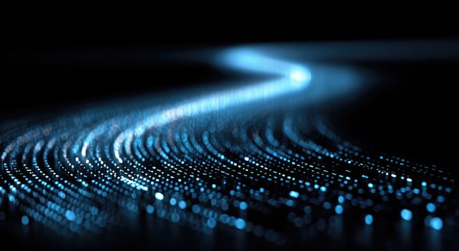 Blue glowing binary code road on black background, elegant curved data path, futuristic digital illustration.