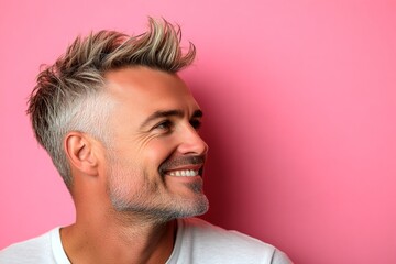 Fototapeta premium Concept of style for aging men. Chic men's slick back with fade haircut - midlife white man with blond hair. A strong and confident man with an engaging smile. Pink solid background.