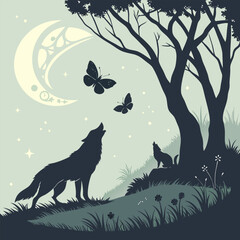 Nature scene with tree and fullmoon at night and Digital art moon and tree and fox