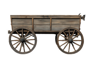 Fototapeta premium Wooden cart with four wheels designed for transporting goods or materials, showcasing vintage craftsmanship and rustic charm, isolated on a transparent background for versatile use