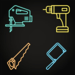 Woodwork tools neon icon set