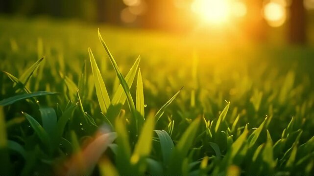 Golden sunlight filters through vibrant green grass in a serene meadow scene