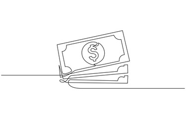Continuous line, one banknote with dollar symbol in the center, money, financial business illustration, continuous one line art of outline vector drawing.
