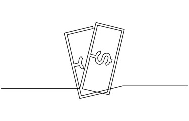 Continuous line, one banknote with dollar symbol in the center, money, financial business illustration, continuous one line art of outline vector drawing.
