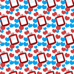 Seamless pattern of blood bag for donation and hearts on white background