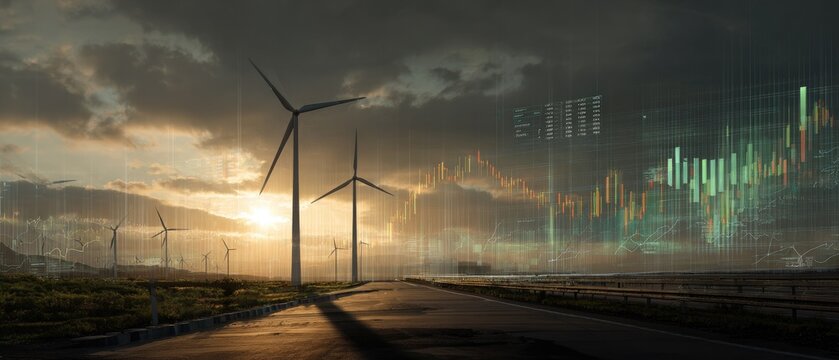 Digital energy grid with data, wind turbines on farmland at dusk, green fields.