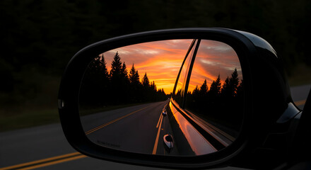 Sunset Road Trip Reflection in Car Mirror Golden Hour Drive Adventure Travel Scenic Route Vacation Journey