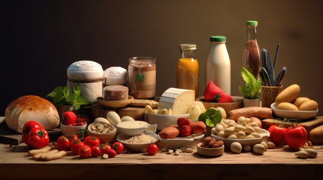 Rustic Still Life of Dairy, Produce, and Pantry Items, A Generous Display of Fresh Foods on a Wooden Table