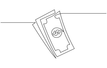 Continuous line, one banknote with dollar symbol in the center, money, financial business illustration, continuous one line art of outline vector drawing.