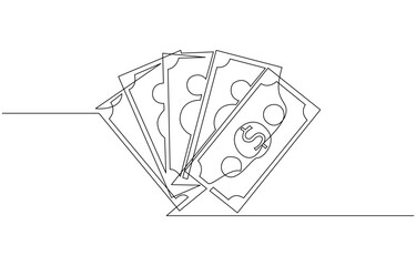 Continuous line, one banknote with dollar symbol in the center, money, financial business illustration, continuous one line art of outline vector drawing.