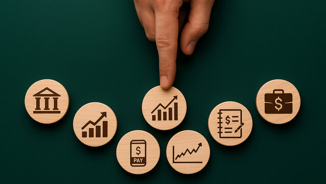 Wooden business icons symbolizing banking, financial growth, digital payment, investment portfolio, and analytics, with a finger pointing to upward graph on green background