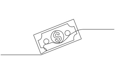 Continuous line, one banknote with dollar symbol in the center, money, financial business illustration, continuous one line art of outline vector drawing.