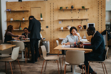 Professionals seated around tables, engaging in dialogues and brainstorming ideas in a modern,...