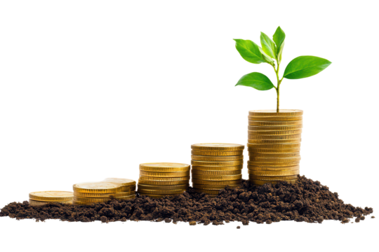 Stack of gold coins with a growing plant signifying prosperity and investment in sustainable growth nurturing the future