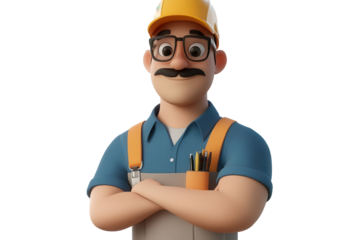 Plumber character in cartoon style poses confidently with tools in a vibrant outfits, set against a transparent background during an afternoon setting