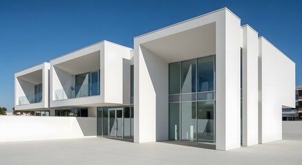 Fototapeta premium Modern white building facade with minimalist windows and shadows on a clear sunny day, urban minimal style