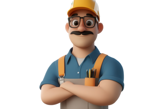 Plumber character in cartoon style poses confidently with tools in a vibrant outfits, set against a transparent background during an afternoon setting
