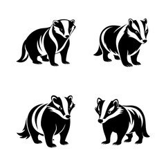 Monochrome Illustrations of Stylized Badgers Emphasizing Unique Patterns and Wildlife Concept
