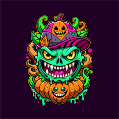 Colorful Halloween Monster Illustration with Pumpkins and Spooky Elements
