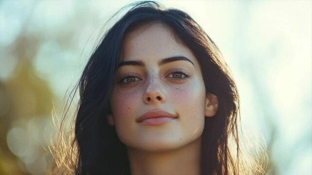 Close-up portrait of a young woman with long dark hair, freckles, and hazel eyes, outdoors in soft sunlight