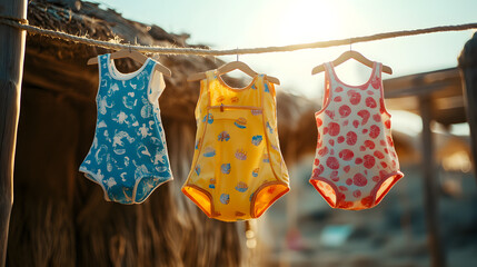 Colorful toddler swimwear with playful patterns hanging on rustic rope in sunlight