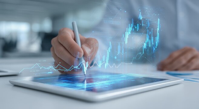 Person drawing financial graphs on iPad with blue data in modern office.