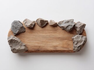 simple wooden board with irregular edge rocks on white background, soft lighting