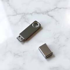 Fototapeta premium A sleek, metallic grey USB flash drive with a circular keyring hole and its detached cap rests on a white marble surface.