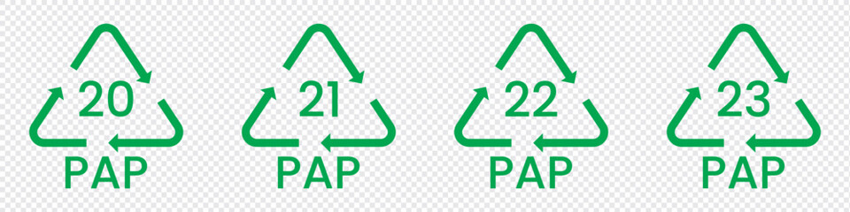 Paper recycling code icon set. recycling codes 20, 21, 22, 23. pap recycling symbols. plastic, recycle, symbol, code, icon.