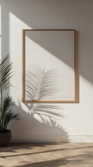 Blank picture frame mockup on white wall. 3d render