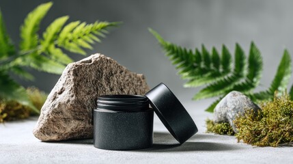Black cosmetic jar mockup with rocks and green plant on white background, copy space for banner design.