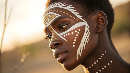 A woman with intricate, traditional face paint featuring geometric patterns and white accents, showcasing cultural artistry against a warm, natural backdrop.