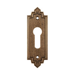 Antique bronze door strike plate with pointed edges on transparent background

