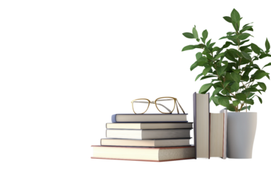 Minimalist desk setup featuring a neat arrangement of books and a potted plant highlighting simple workspace design isolated on transparent background PNG