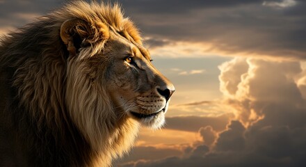 Majestic Lion Gazing at the Horizon with Dramatic Cloudy Sky Background