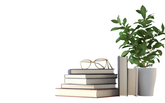 Minimalist desk setup featuring a neat arrangement of books and a potted plant highlighting simple workspace design isolated on transparent background PNG