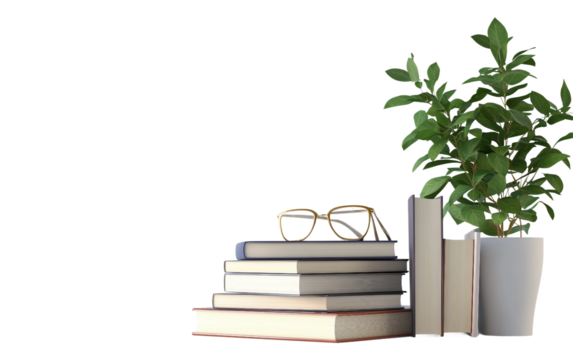 Minimalist desk setup featuring a neat arrangement of books and a potted plant highlighting simple workspace design isolated on transparent background PNG