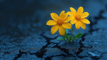 two bright yellow flowers growing through cracked asphalt, symbol of resilience