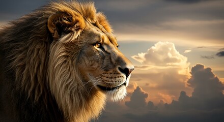 Majestic Lion Gazing into the Distance with Dramatic Sunset Clouds