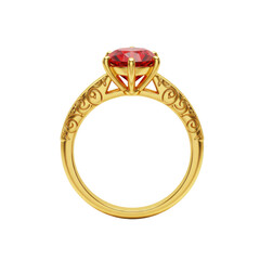 Elegant gold ring featuring a large red gemstone, isolated on a white background, ideal for jewelry promotion