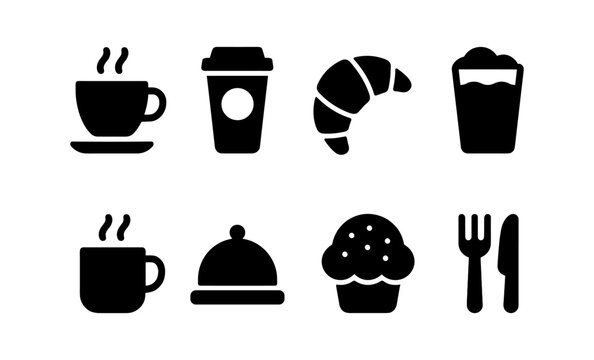 Coffee icon set: cups, takeaway, croissant, muffin, food symbols in black silhouette