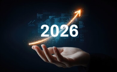 A hand holding a rising arrow with a glowing digital graph and "2026" text for business growth or market recovery in new year's advertising, web design.